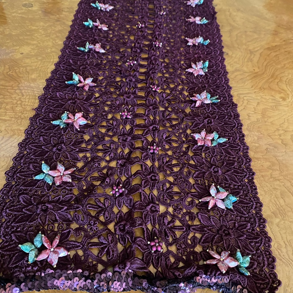 New Handmade beaded flowers table runner size 54” by 14”